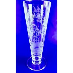 Rare Slovak/Czech Crystal Vase Etched Dear Forest Scene  8” Clear VTG